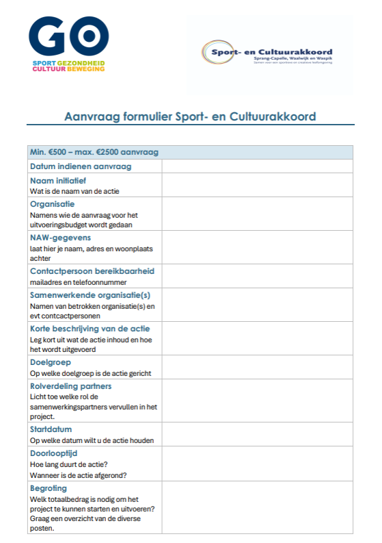 aanvraagformulier bijdrage tot 2.500,- uit Sport- en Cultuurakkoord Waalwijk