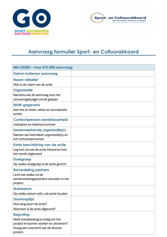 Aanvraagformulier tot 10.000 euro uit Waalwijks Sport- en Cultuurakkoord